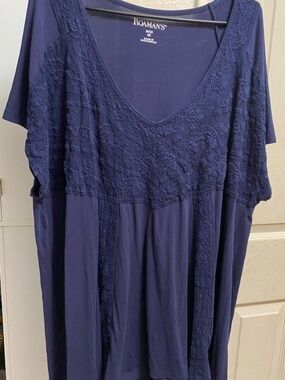 Roamans Lace Front Big Shirt Fit Flare Tunic High Low Drop Tail Navy Blue 26/28